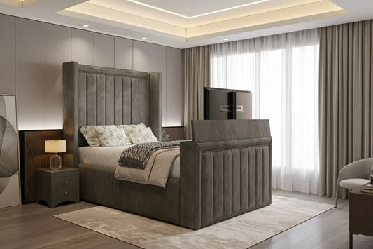 Arizona TV Bed Frame with Integrated TV Lift – Upholstered Velvet