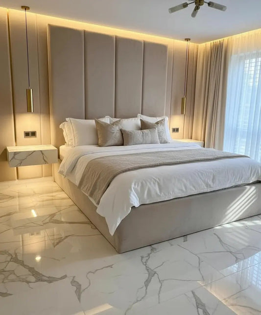 Pandora Plush Velvet Bed – Bespoke High Headboard Bedstead (Handmade in the UK)