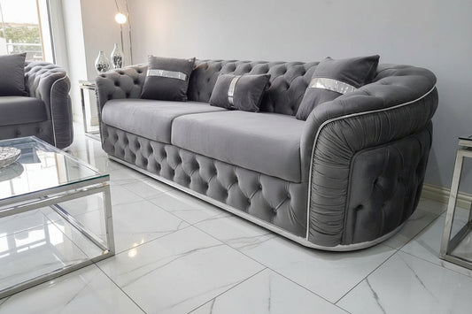 Ambassador Sofa Range – Grey V27 Velvet with Chrome Detailing | Luxury Modern Sofa Set