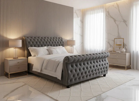 Swan Sleigh Chesterfield Plush Velvet Bed Frame