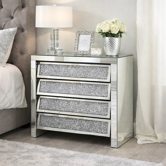 Roma 4 Drawer Chest – Mirrored Crushed Diamond Storage Unit