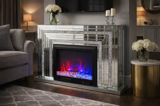 Crushed Diamond Mirrored Electric Fireplace with LED Colour Flames