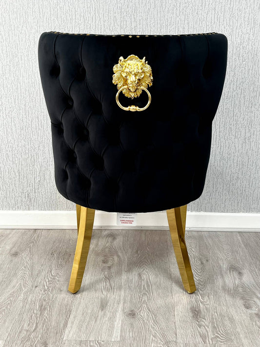 Set of 2 Valentino Gold Velvet Dining Chair – Luxury Upholstered Chair with Knockerback Options | Available in 2 Colours Black Velvet Lion Knocker