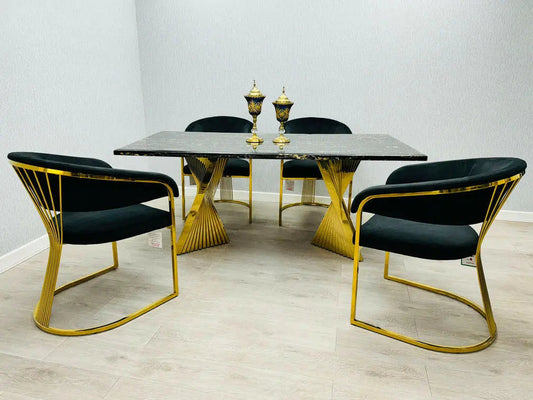 Ravello 1.8m Gold Marble Dining Table with Porado Cream & Gold Chairs – Modern Luxury Dining Set