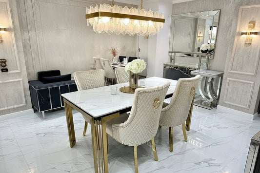 Sorrento Sintered Stone Rectangle Dining Table + Majestic Velvet Dining Chairs – Luxury Cream & Gold Dining Set