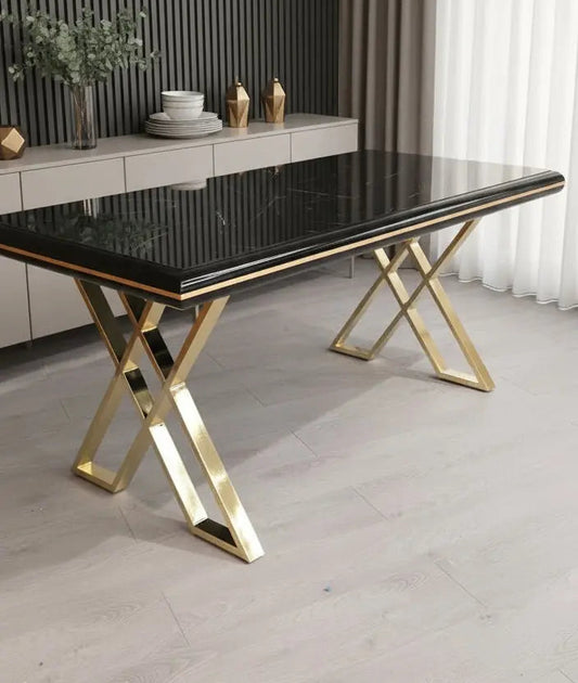 Luna Black & Gold Metal Finish Dining Table – Contemporary Glamour with Statement Style