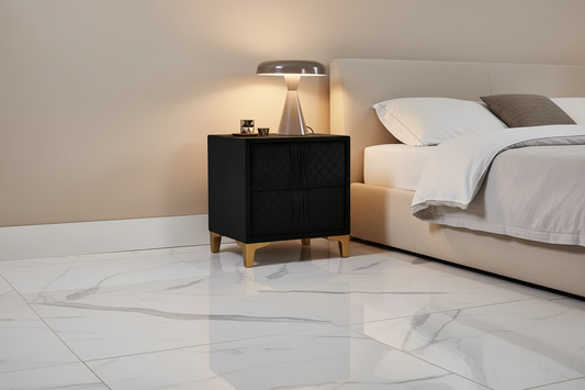 Helix Upholstered Bedside Cabinet with Gold Legs – 2 Drawer Luxury Nightstand
