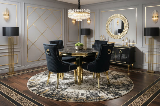 Sofia 110cm Round Black & Gold Dining Table + 4 Majestic Ring Knocker Chairs – Luxury Velvet Dining Set