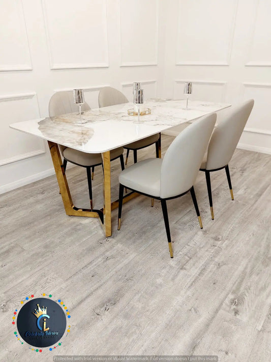 Lucien 1.8m Pandora Gold Sintered Stone Dining Table + Beige Etta Leather Dining Chairs