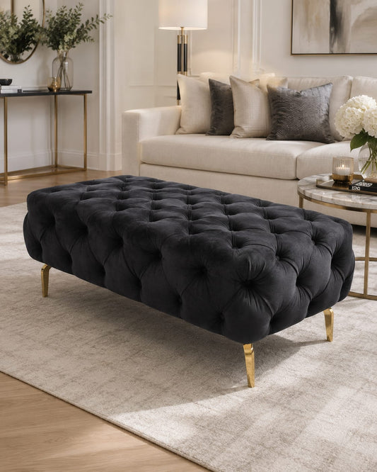Luxury Black Velvet Bench Footstool – Deep Button Spanish Upholstery Livara Interiors