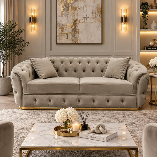 Khalifa 2 Seater Sofa – Beige Velvet & Gold Livara Interiors