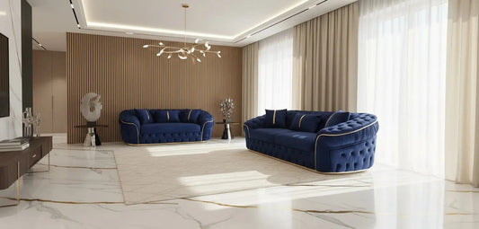 Ambassador Sofa Set – Navy Velvet with Gold Detailing | Modern Luxury Sofa