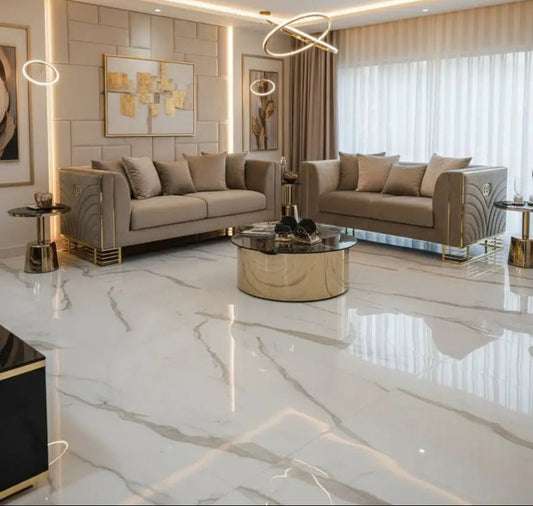 Bahrain 3+2 Seater Sofa Set – Beige Velvet with Gold Detailing & Legs | Modern Luxury Sofa