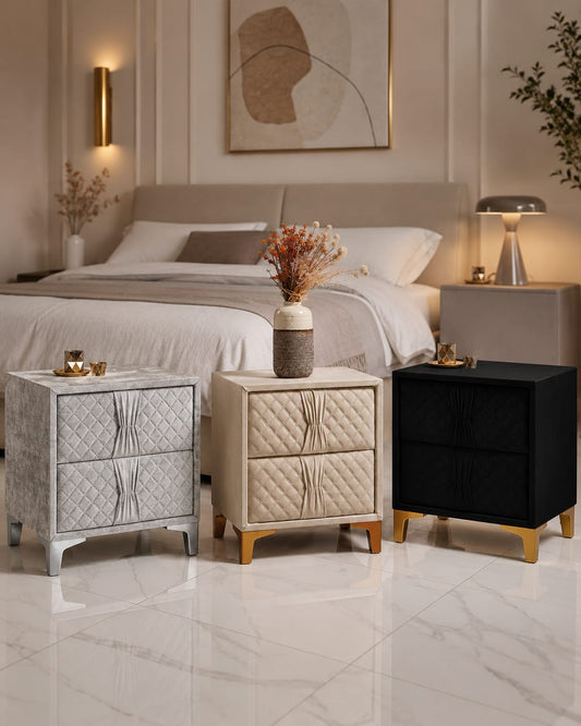 Helix Upholstered Bedside Cabinet with Gold Legs – 2 Drawer Luxury Nightstand f i interior
