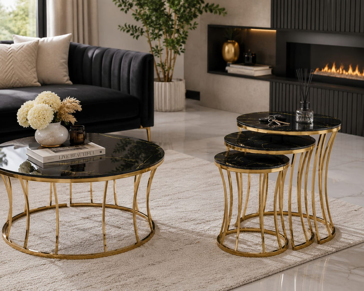 Zeen Coffee Table & Nest of 3 Table Set Black & Gold Bysol-87