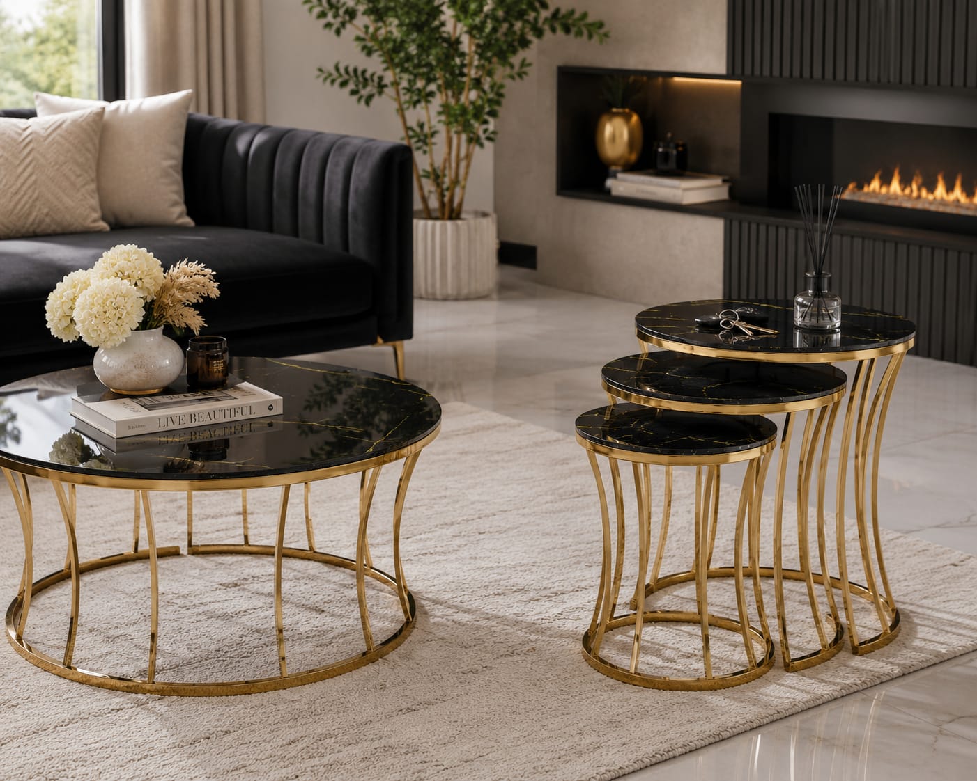 Zeen Coffee Table & Nest of 3 Table Set Black & Gold Bysol
