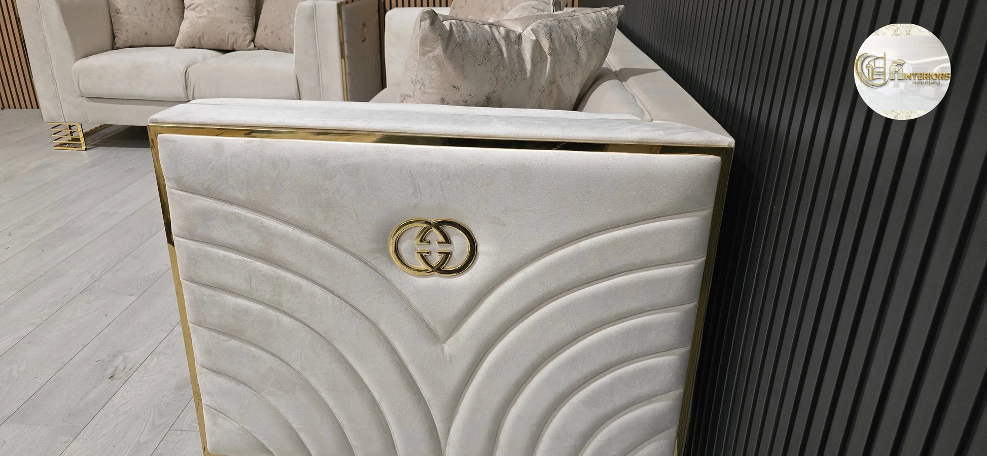 Bahrain 3+2 Seater Sofa Set – Champagne Velvet with Gold Detailing & Legs | Modern Luxury Sofa