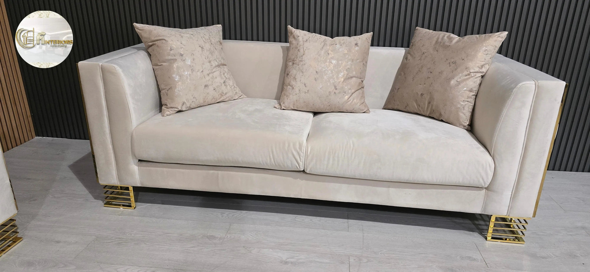 Bahrain 3+2 Seater Sofa Set – Champagne Velvet with Gold Detailing & Legs | Modern Luxury Sofa