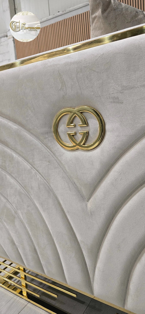 Bahrain 3+2 Seater Sofa Set – Champagne Velvet with Gold Detailing & Legs | Modern Luxury Sofa