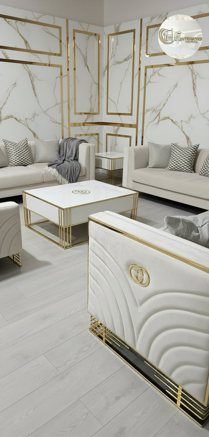 Bahrain 3+2 Seater Sofa Set – Champagne Velvet with Gold Detailing & Legs | Modern Luxury Sofa
