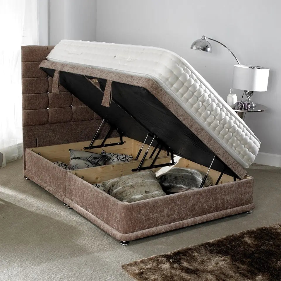 Cube Style Gaslift Ottoman Bed – Crushed Velvet Upholstery with 50" Floor-Standing Headboard