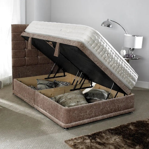 Cube Style Gaslift Ottoman Bed – Crushed Velvet Upholstery with 50" Floor-Standing Headboard