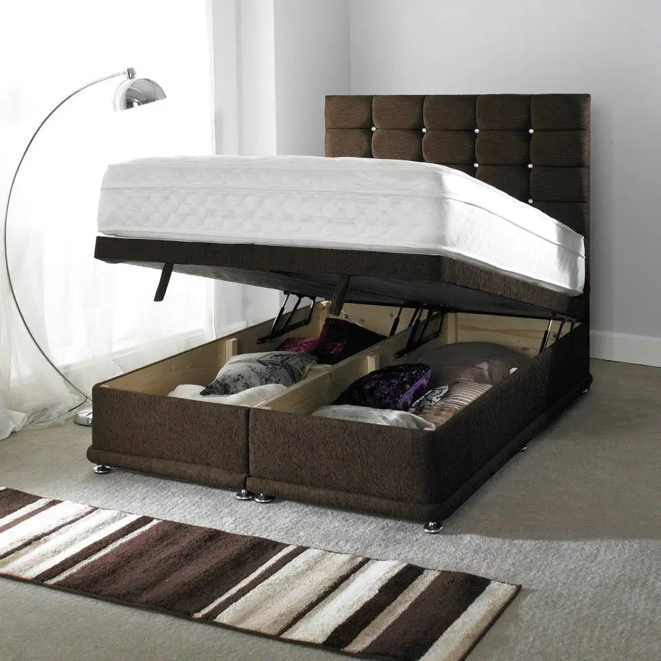 Cube Style Gaslift Ottoman Bed – Crushed Velvet Upholstery with 50" Floor-Standing Headboard