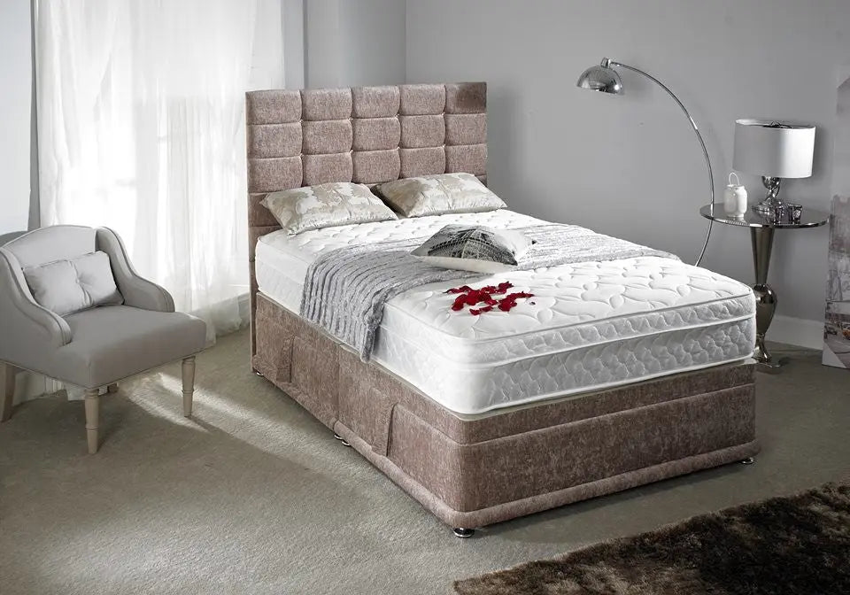 Cube Style Gaslift Ottoman Bed – Crushed Velvet Upholstery with 50" Floor-Standing Headboard