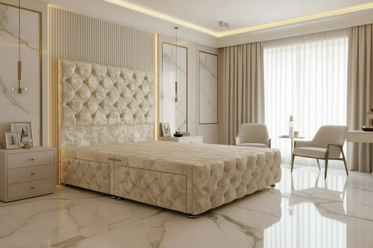 Elena Divan Bed 4ft6 Double Cream crushed velvet diamante Livara Interiors