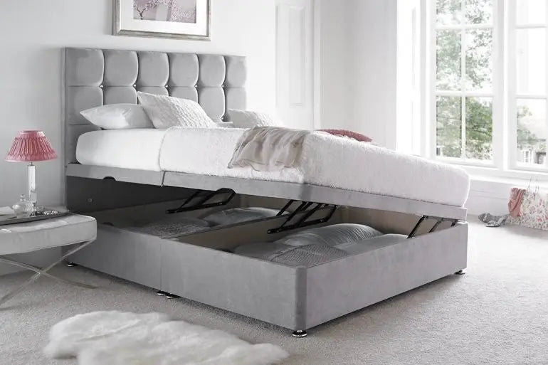 Cube Style Gaslift Ottoman Bed – Crushed Velvet Upholstery with 50" Floor-Standing Headboard