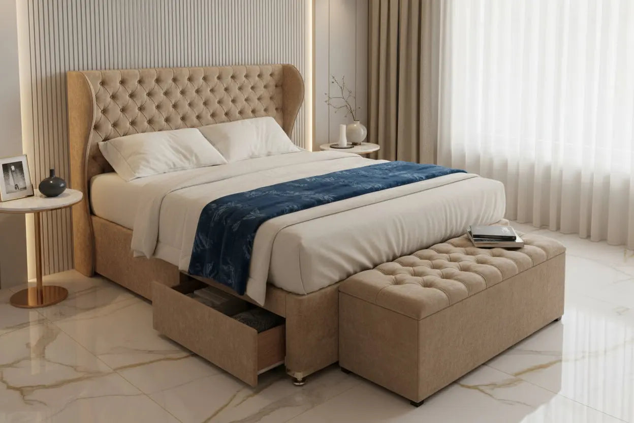 Bentley Divan 2 Drawer Bedframe – Bespoke Upholstered Wingback Design