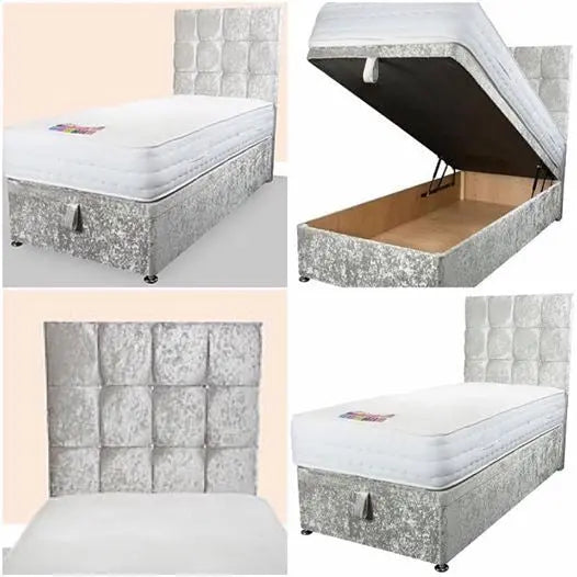 Cube Style Gaslift Ottoman Bed – Crushed Velvet Upholstery with 50" Floor-Standing Headboard