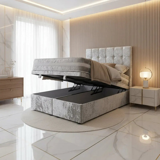 Cube Style Gaslift Ottoman Bed – Crushed Velvet Upholstery with 50" Floor-Standing Headboard