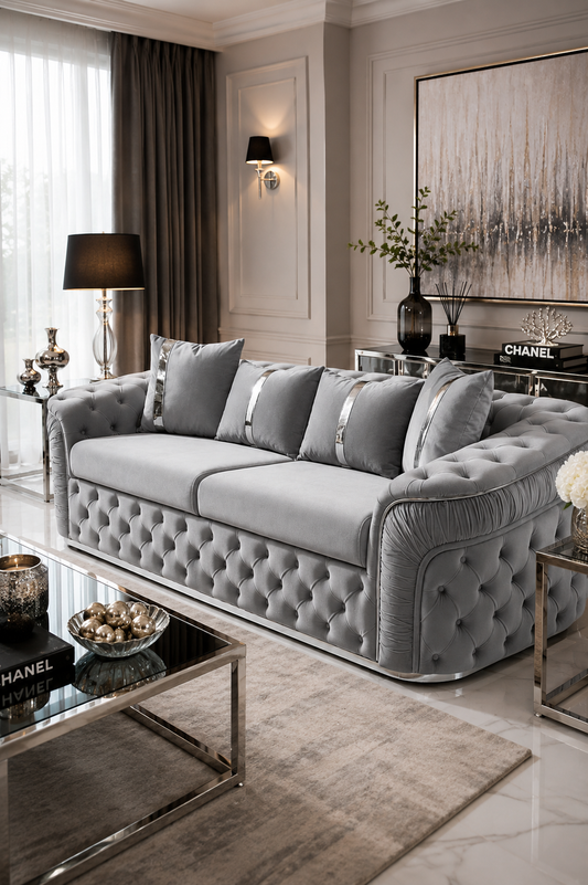 Ambassador 3 Seater Sofa Silver Velvet with Chrome Detailing | Luxury Modern Sofa Set CELEBRITY INTERIORS