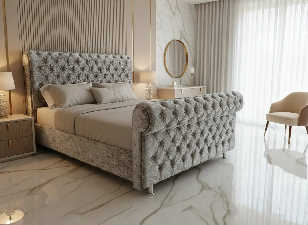 DiCaprio Sleigh Crushed Velvet Bed Frame
