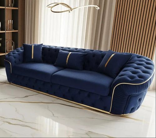 Ambassador Sofa Set – Navy Velvet with Gold Detailing | Modern Luxury Sofa