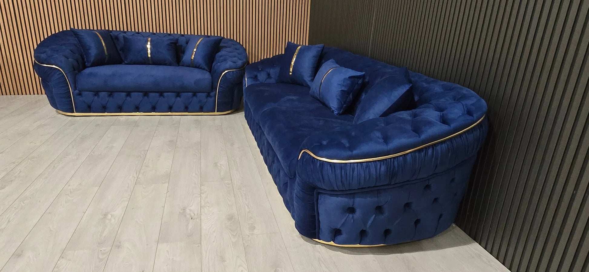 Ambassador Sofa Set – Navy Velvet with Gold Detailing | Modern Luxury Sofa