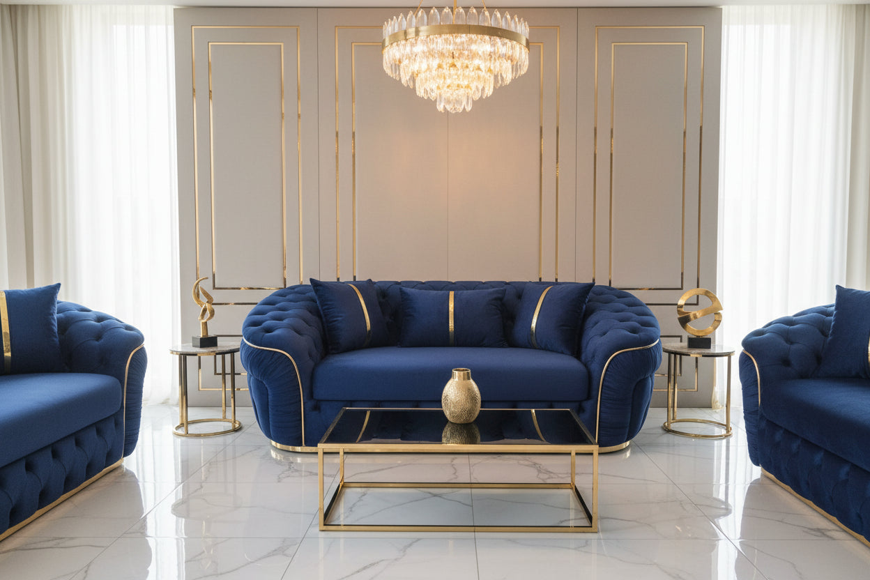 Ambassador 2 Seater Sofa  – Navy Velvet with Gold Detailing | Modern Luxury Sofa CELEBRITY INTERIORS
