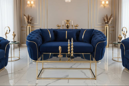 Ambassador 2 Seater Sofa  – Navy Velvet with Gold Detailing | Modern Luxury Sofa CELEBRITY INTERIORS