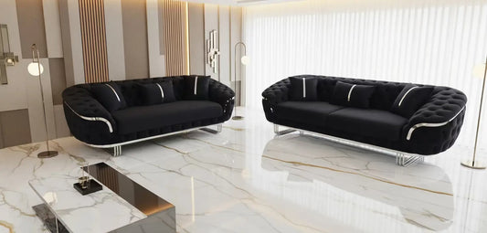 Kingston 3+2+1 Black Velvet Sofa Set – Chrome Detailing | Luxury Modern Suite