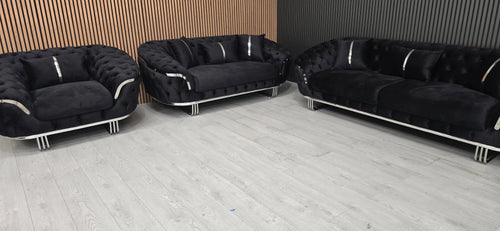 Kingston 3+2+1 Black Velvet Sofa Set – Chrome Detailing | Luxury Modern Suite