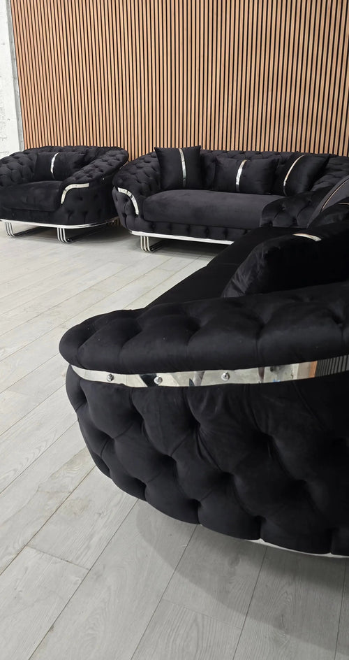 Kingston 3+2+1 Black Velvet Sofa Set – Chrome Detailing | Luxury Modern Suite