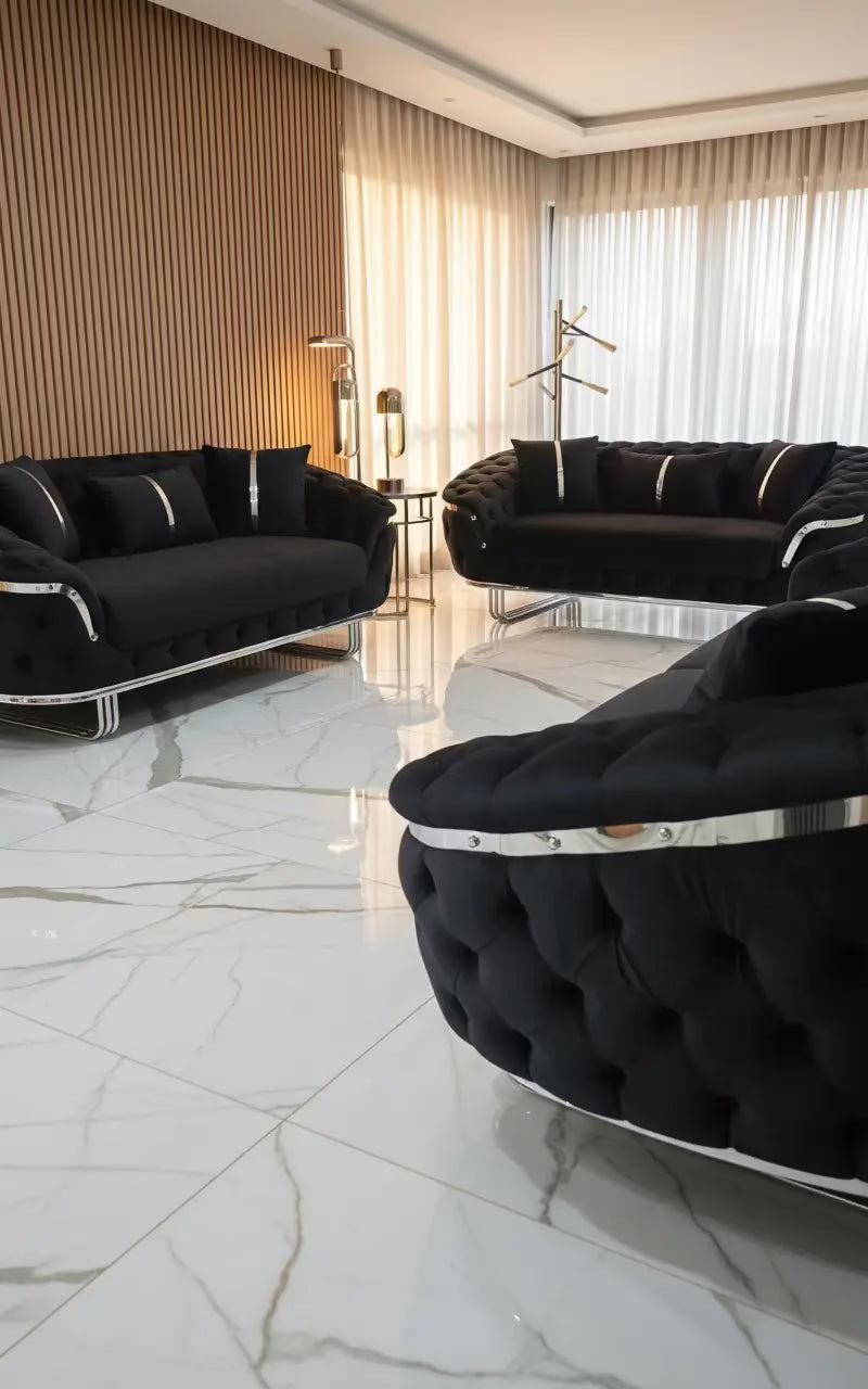 Kingston 3+2+1 Black Velvet Sofa Set – Chrome Detailing | Luxury Modern Suite