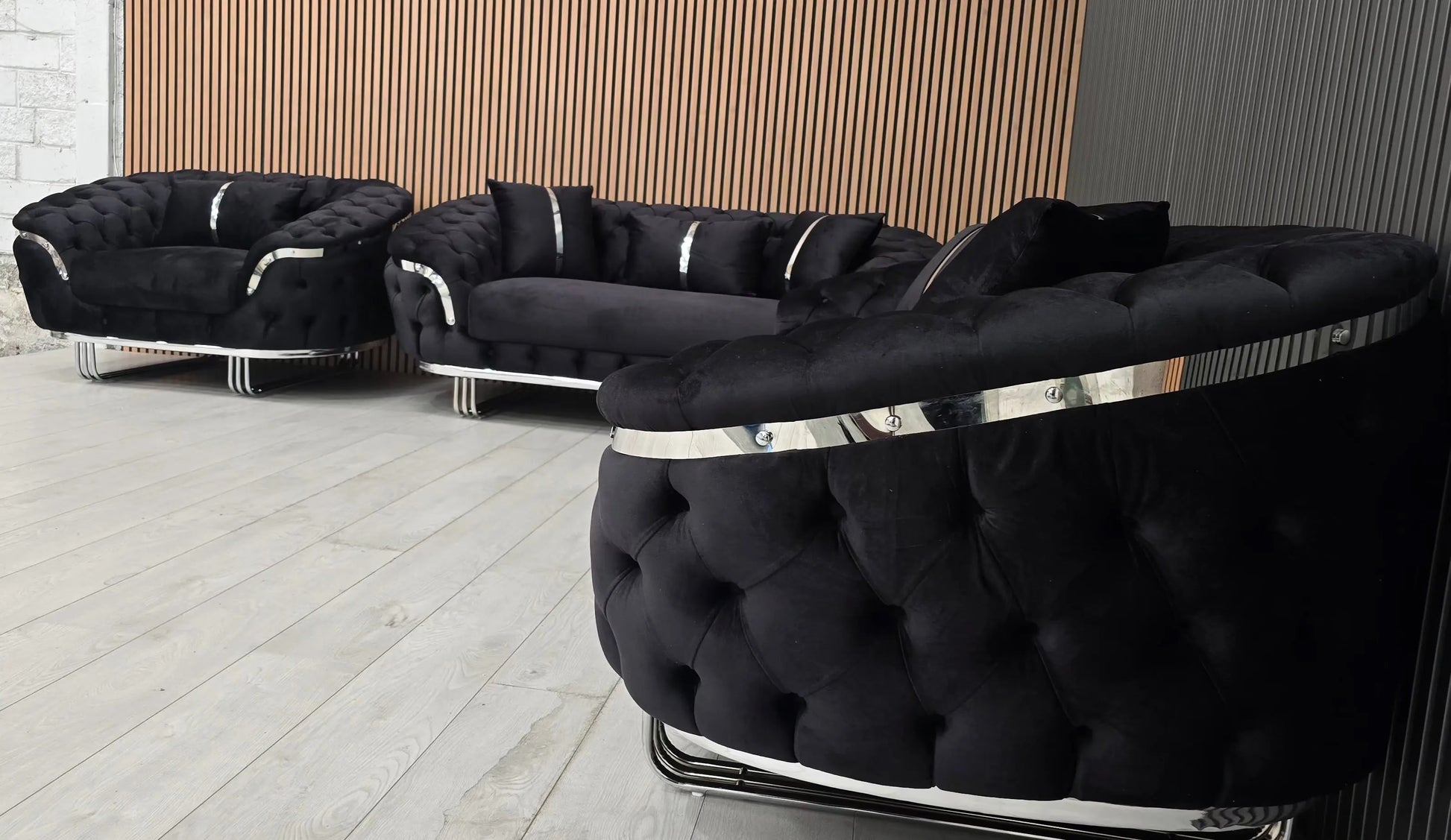 Kingston 3+2+1 Black Velvet Sofa Set – Chrome Detailing | Luxury Modern Suite
