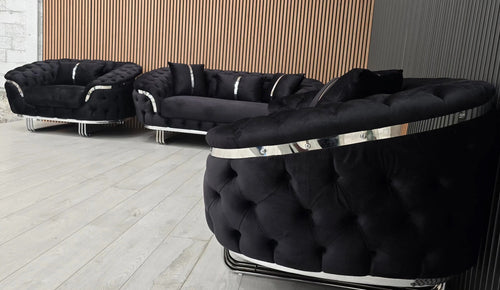 Kingston 3+2+1 Black Velvet Sofa Set – Chrome Detailing | Luxury Modern Suite