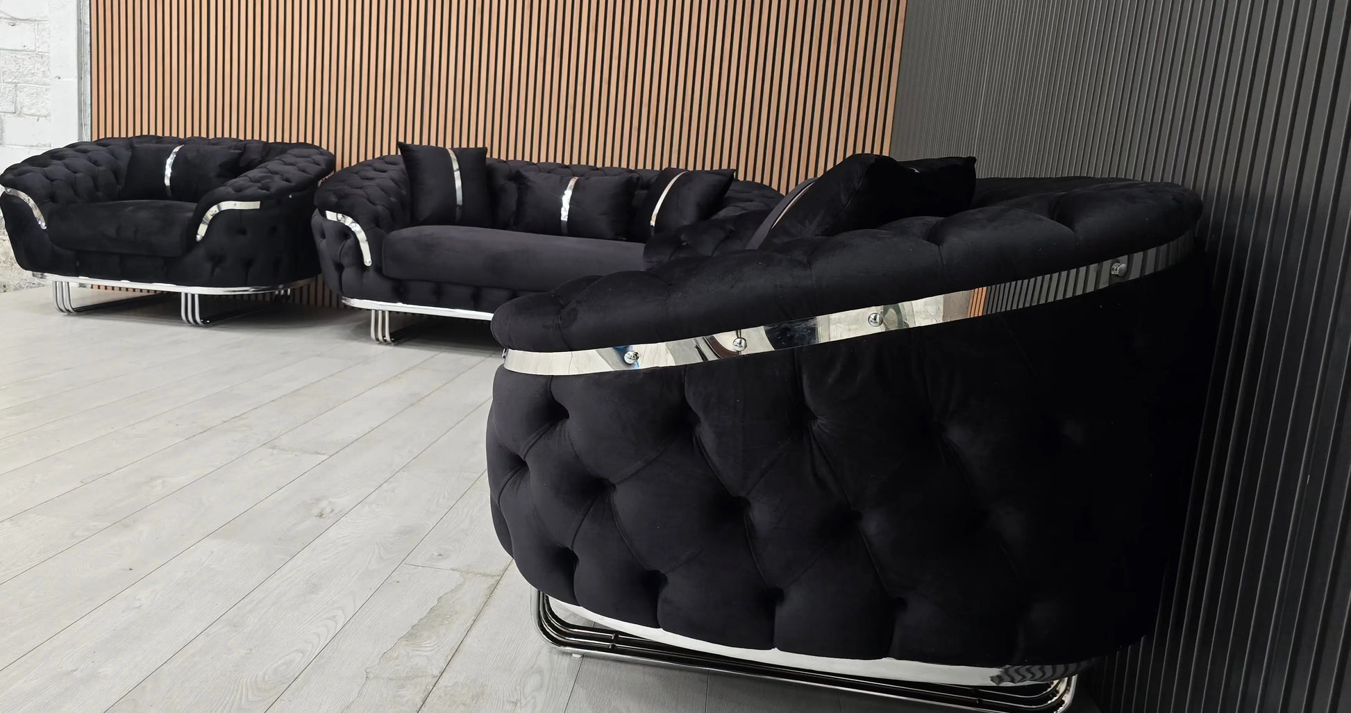 Kingston 3+2+1 Black Velvet Sofa Set – Chrome Detailing | Luxury Modern Suite