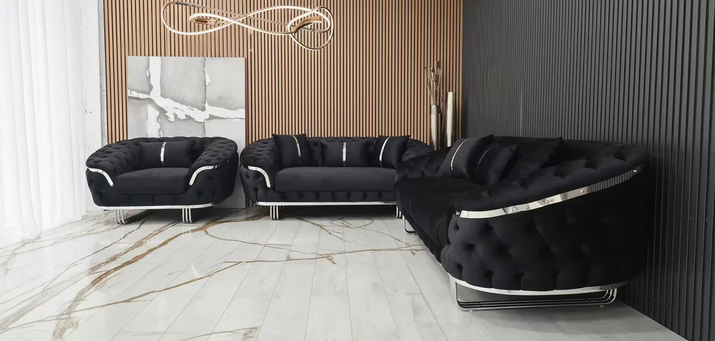Kingston 3+2+1 Black Velvet Sofa Set – Chrome Detailing | Luxury Modern Suite
