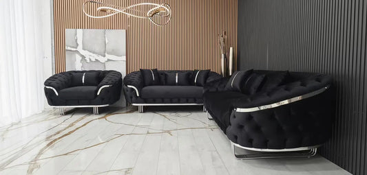Kingston 3+2+1 Black Velvet Sofa Set – Chrome Detailing | Luxury Modern Suite