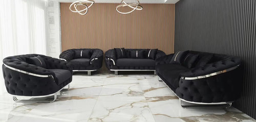 Kingston 3+2+1 Black Velvet Sofa Set – Chrome Detailing | Luxury Modern Suite