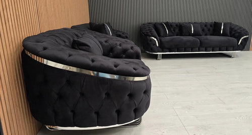 Kingston 3+2+1 Black Velvet Sofa Set – Chrome Detailing | Luxury Modern Suite